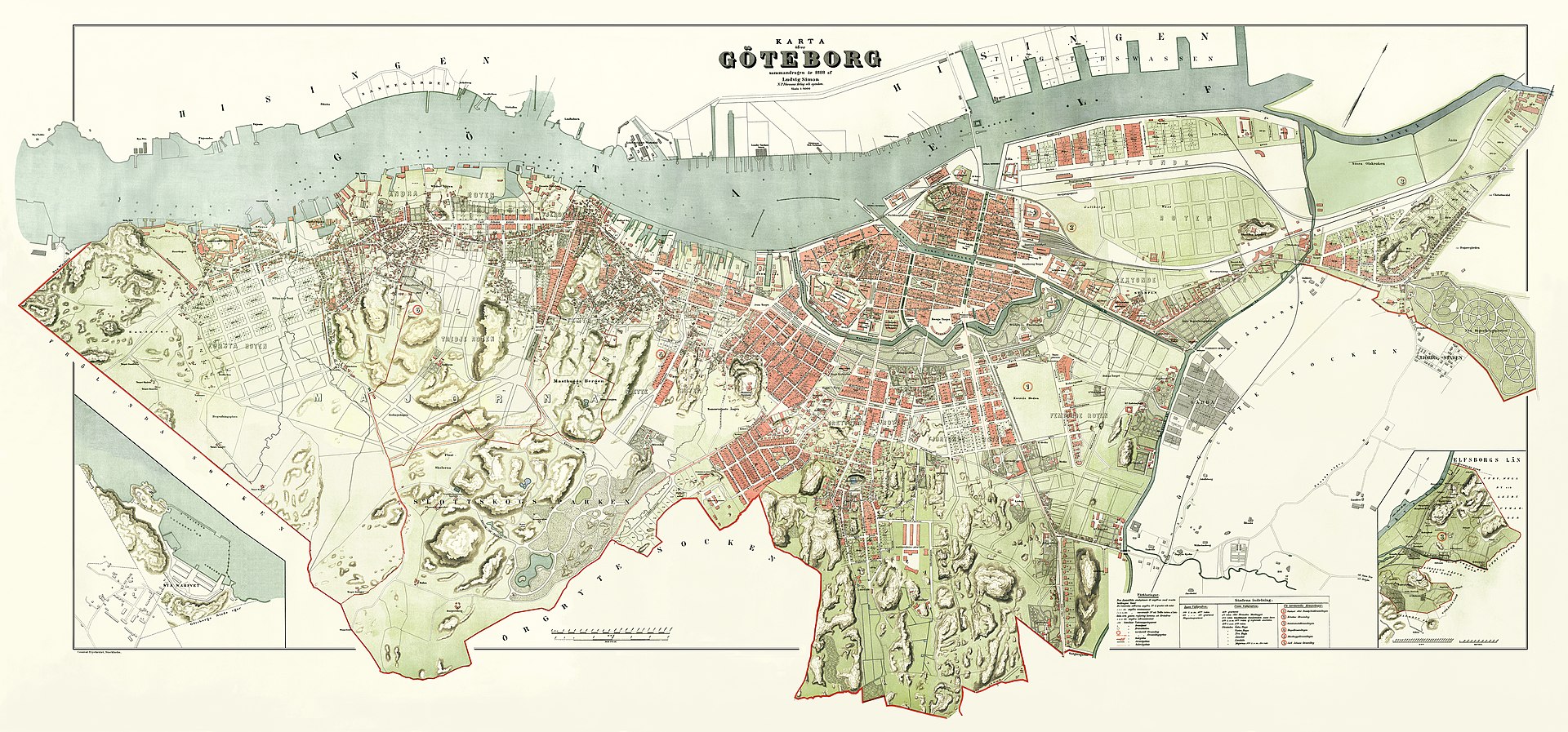 Karta över Göteborgs utbredning med gator, administrativa indelningar, järnvägslinjer och spårvagnslinjer år 1888.